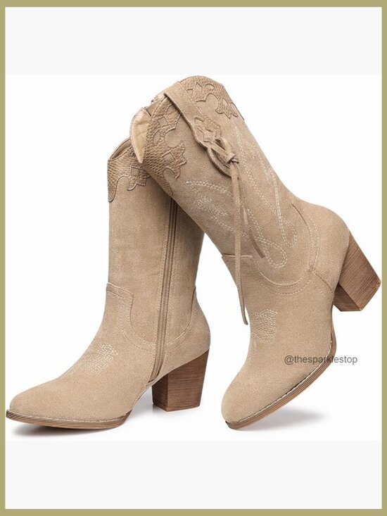 Shoes - Western Cowgirl Mid Calf Boots with Embroidery and Zip Closure